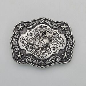 Nocona Western Belt Buckle Bull Rider Rope Edge Rectangular Silver Tone Stars